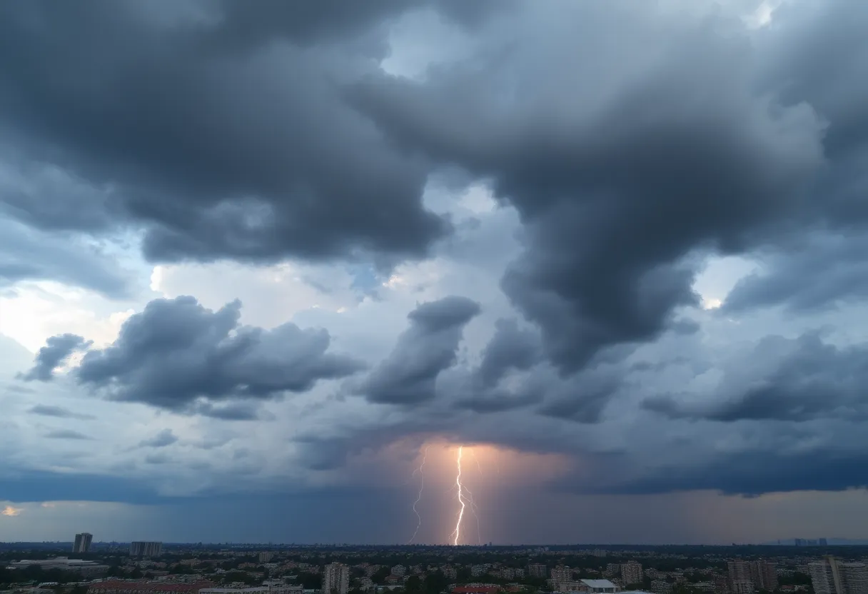 Dark storm clouds and lightning over Savannah cityscape