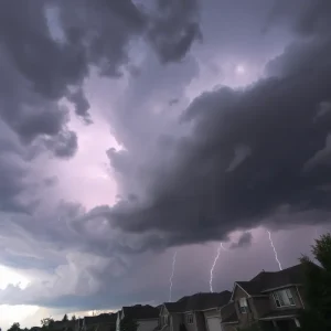 Dramatic sky with severe thunderstorm over suburban landscape