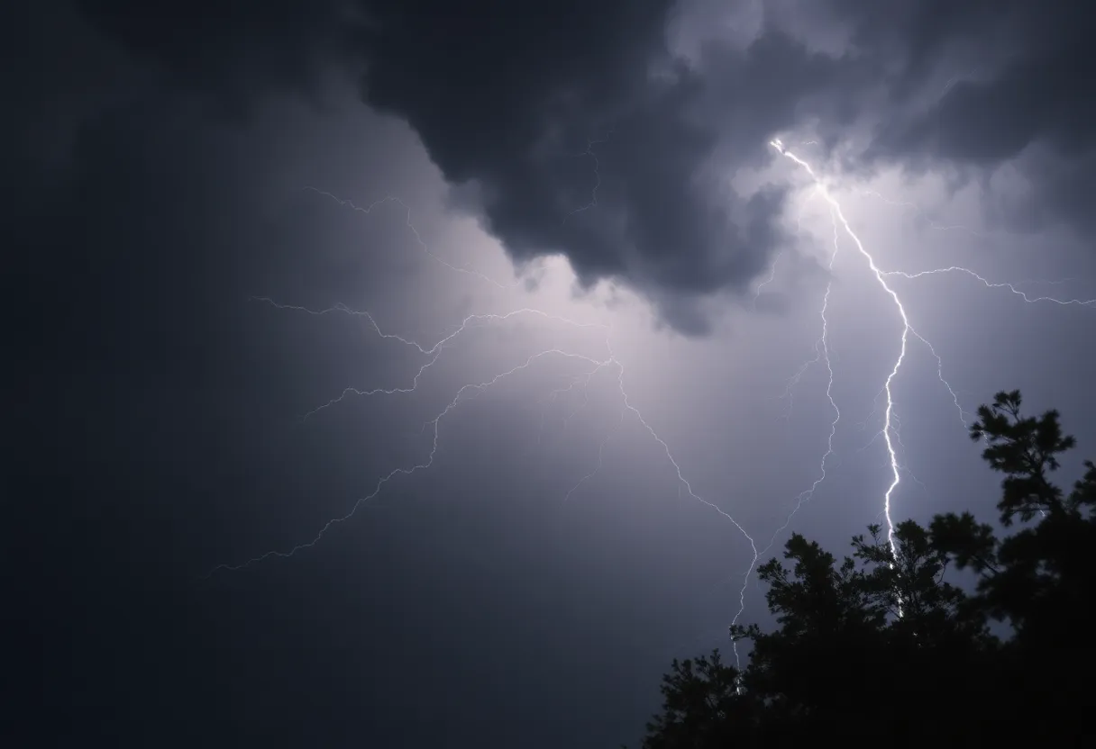 Dark stormy clouds with lightning illustrating severe thunderstorm conditions.