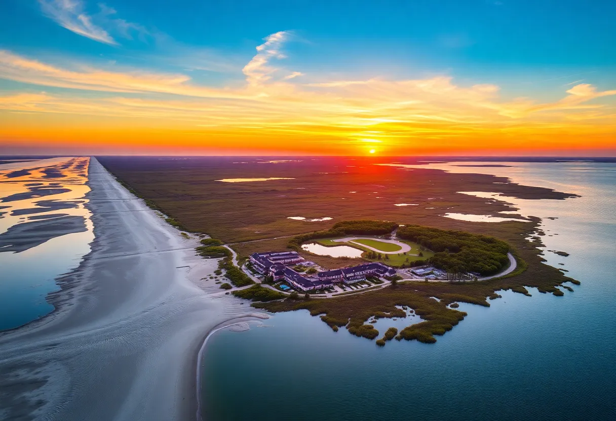 A stunning sunset over South Carolina's coastline showcasing beaches and natural beauty