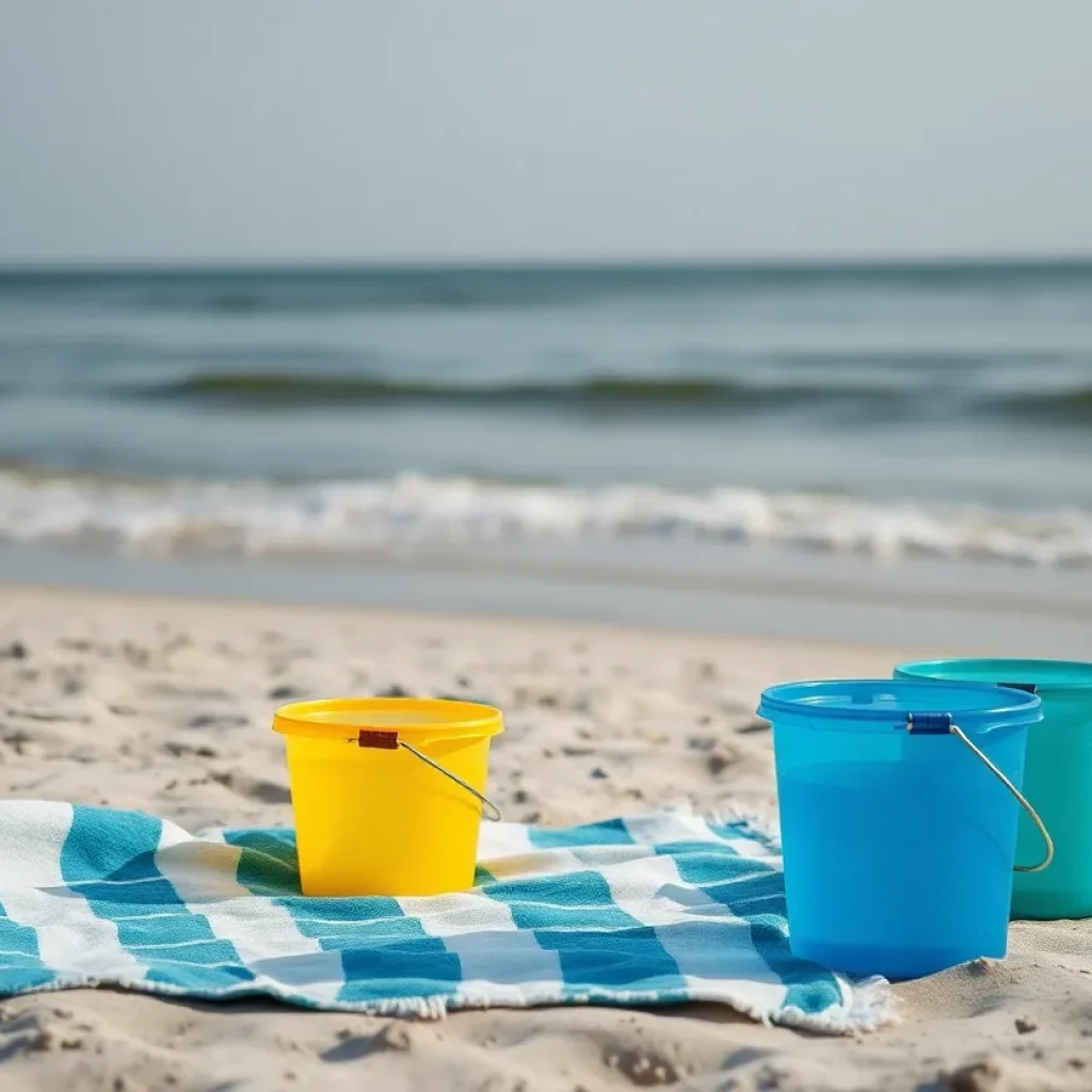 Juvenile sperm whale lying on the beach with towels and water buckets.