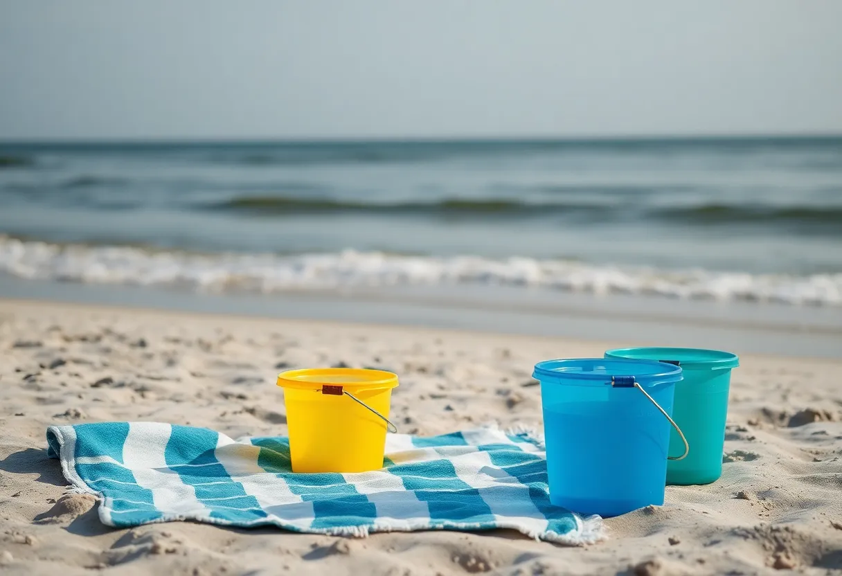 Juvenile sperm whale lying on the beach with towels and water buckets.