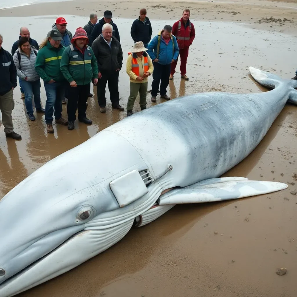 Sperm whale washed ashore with marine experts around