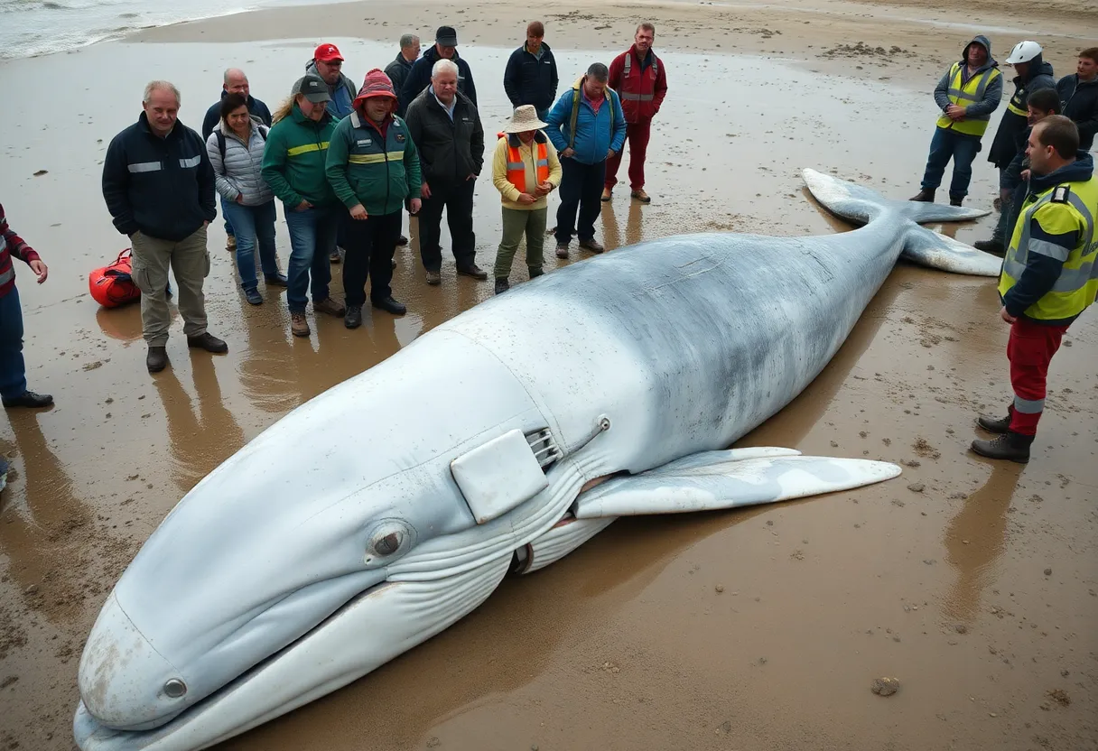 Sperm whale washed ashore with marine experts around