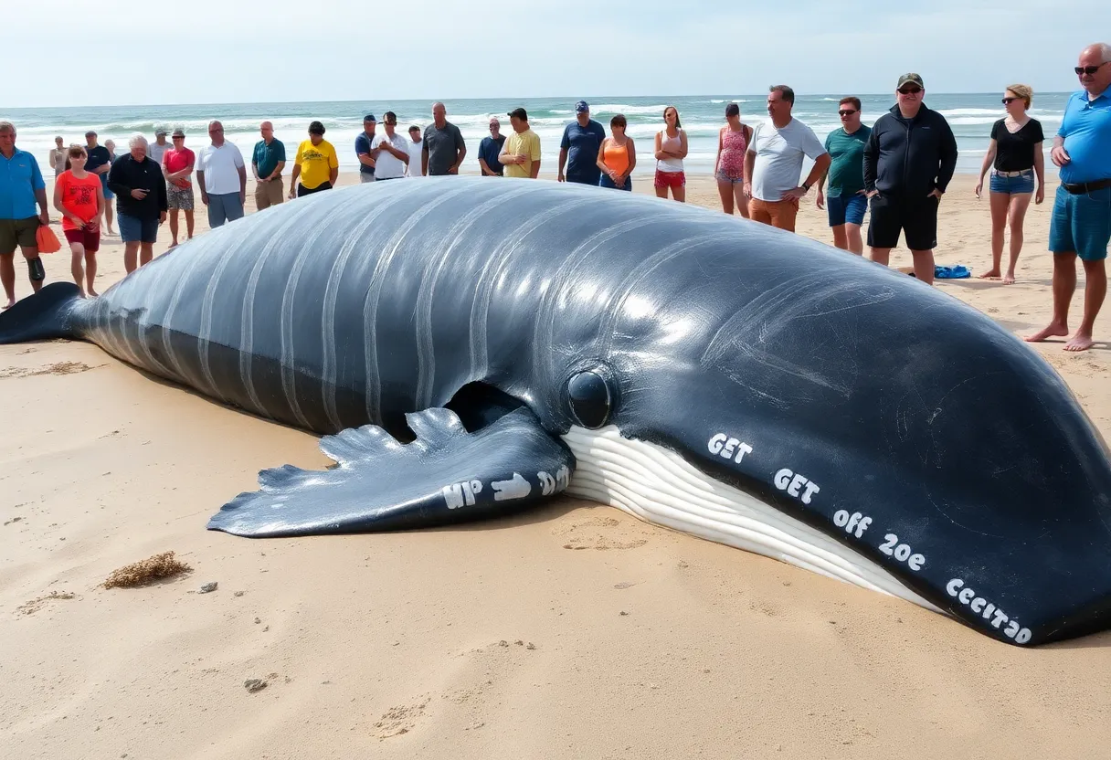 Sperm whale washed ashore on Hilton Head Island with people observing.
