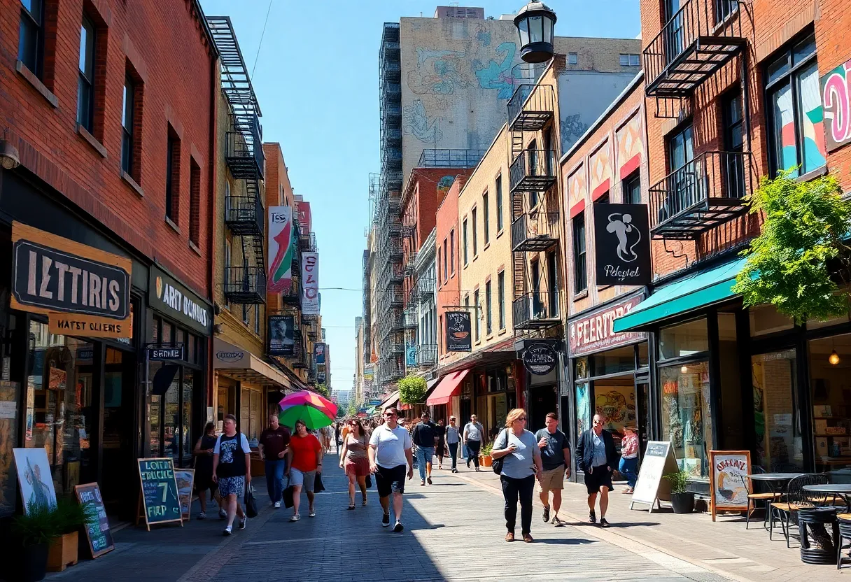 A lively view of the Starland District filled with shops and people celebrating