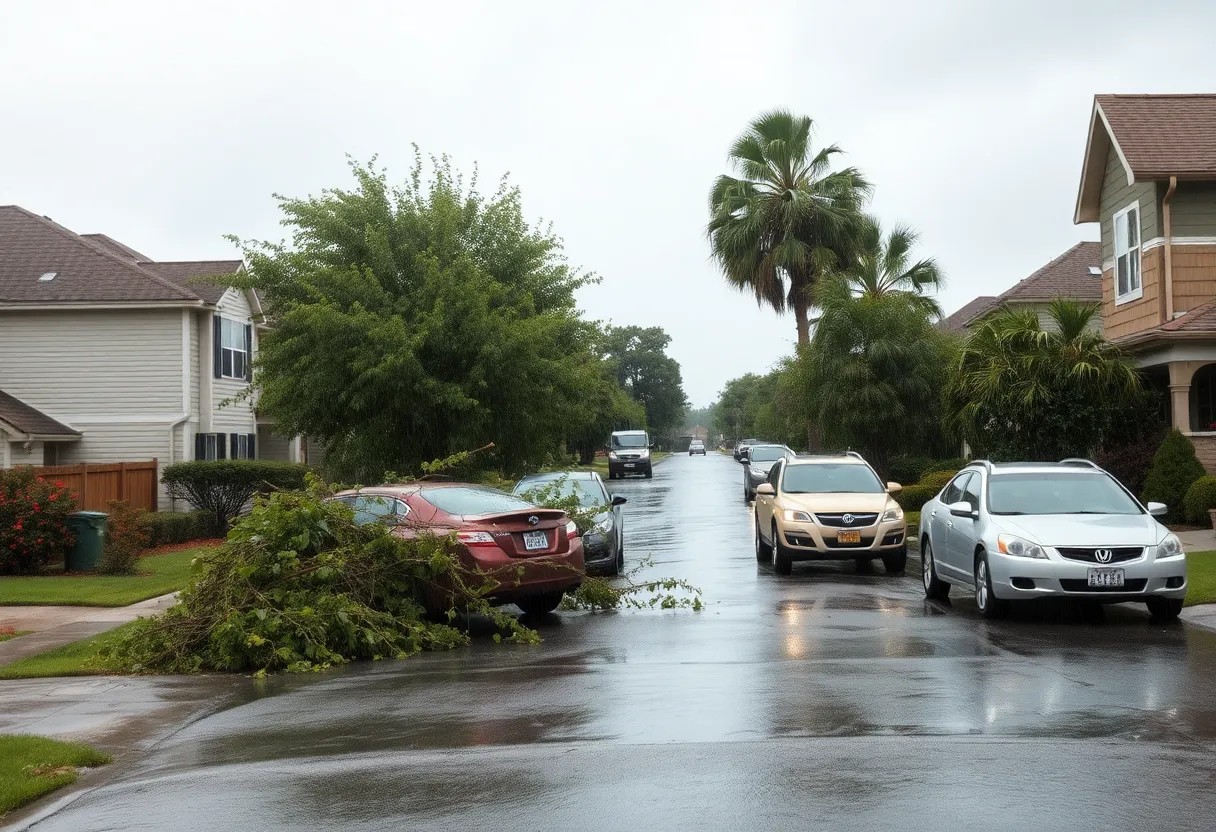 Storm damage in a suburban area with fallen trees and bad weather.