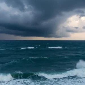 Approaching hurricane with dark clouds over ocean