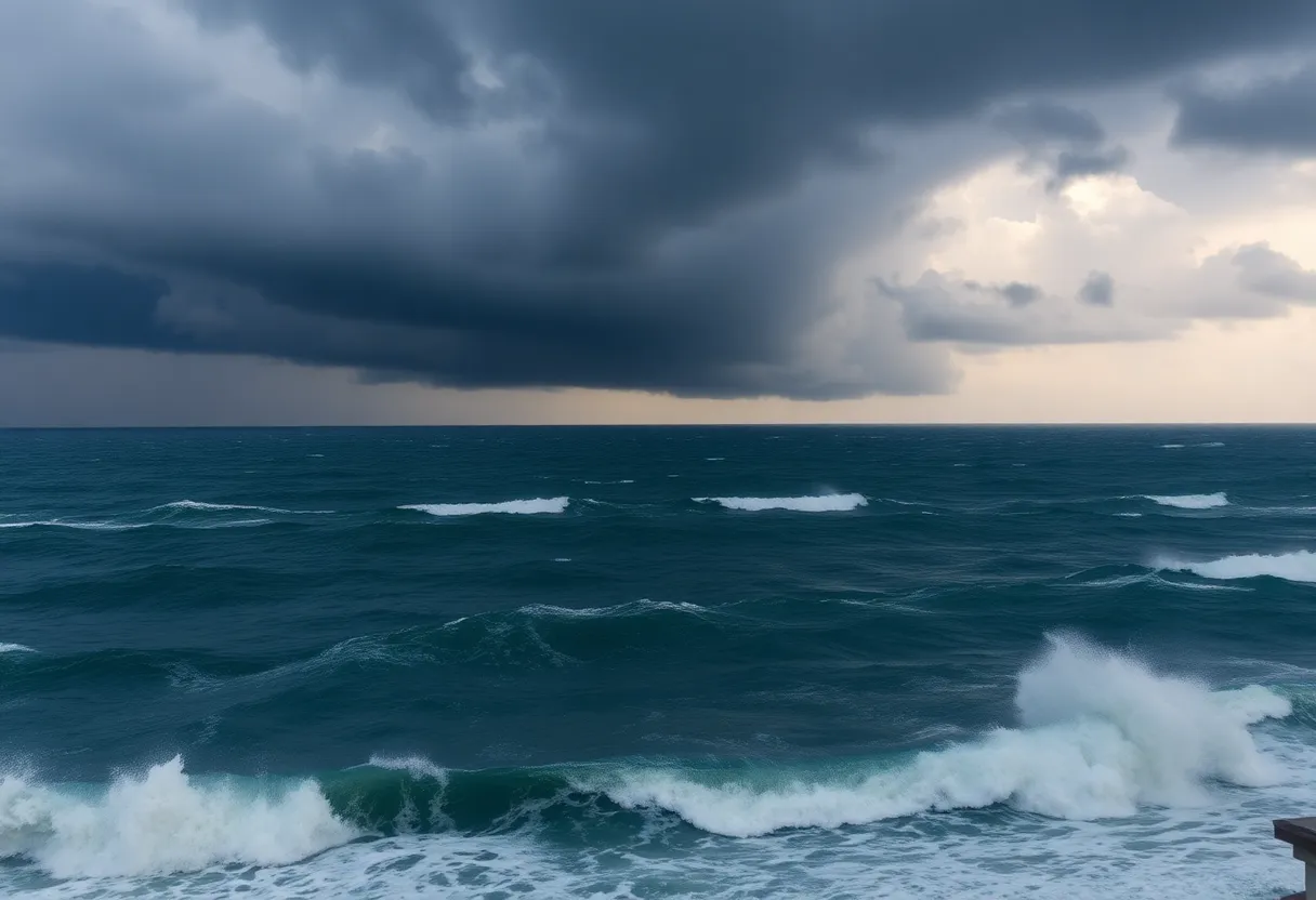 Approaching hurricane with dark clouds over ocean