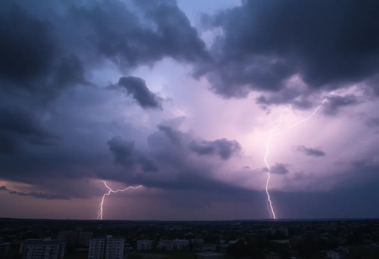Dramatic storm clouds over a city landscape indicating severe weather.