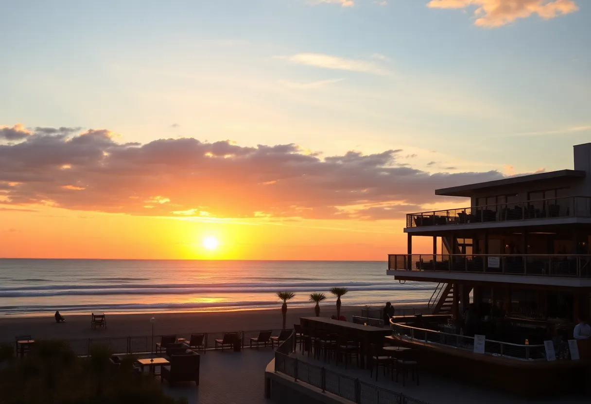 Sunset over a beach bar and hotel on Hilton Head Island.