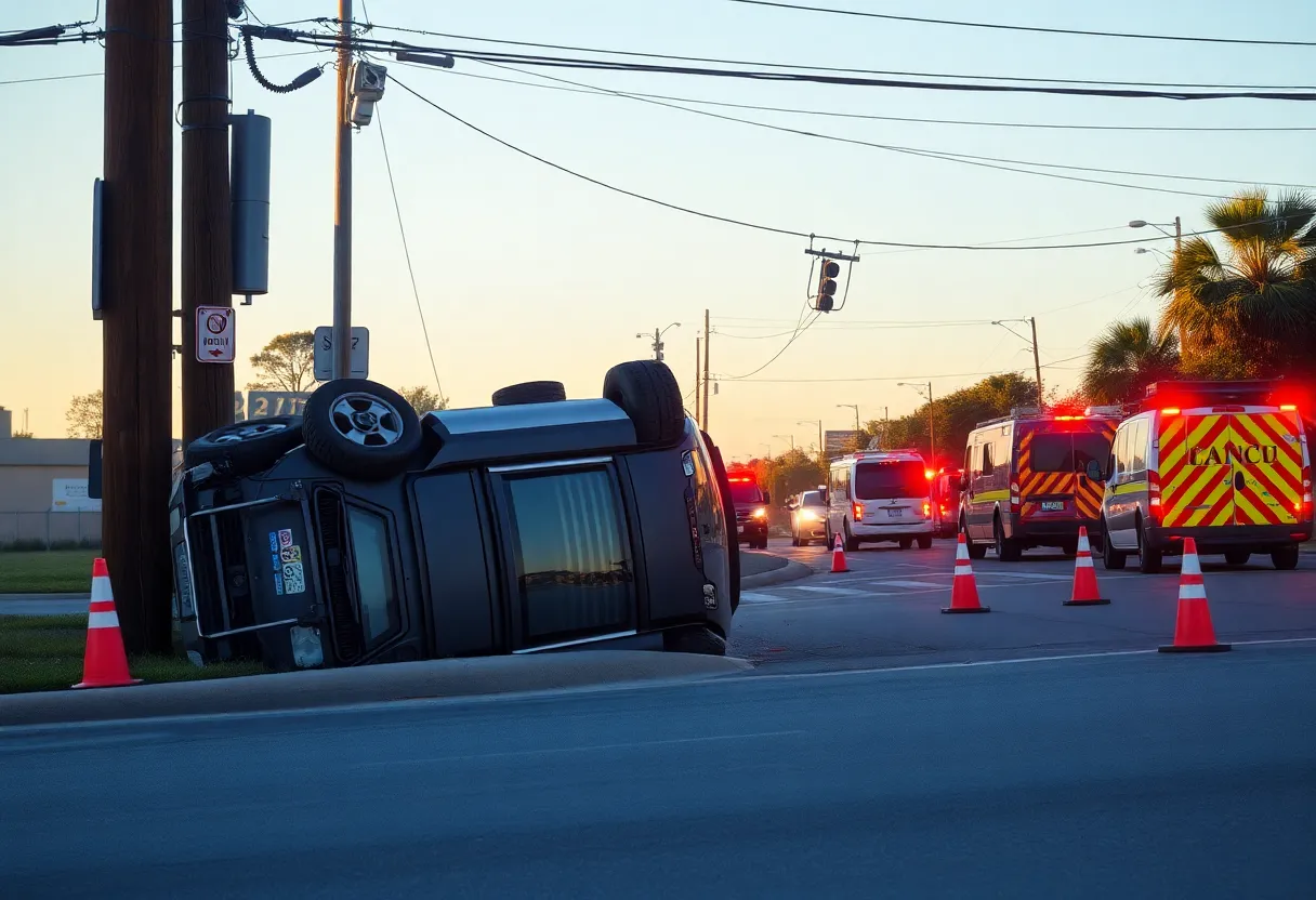 Overturned SUV and power pole at the intersection