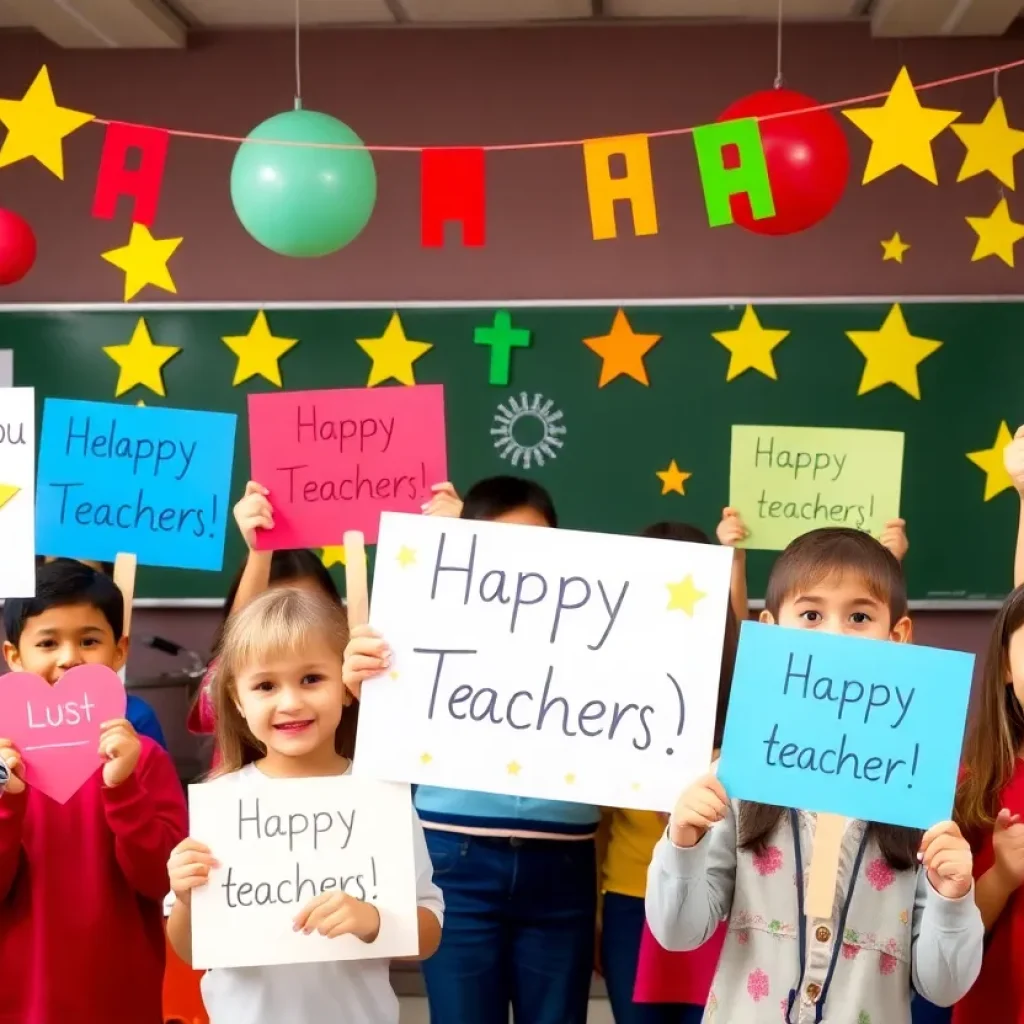 Students and teachers celebrate Teacher Appreciation Week with colorful signs and decorations.