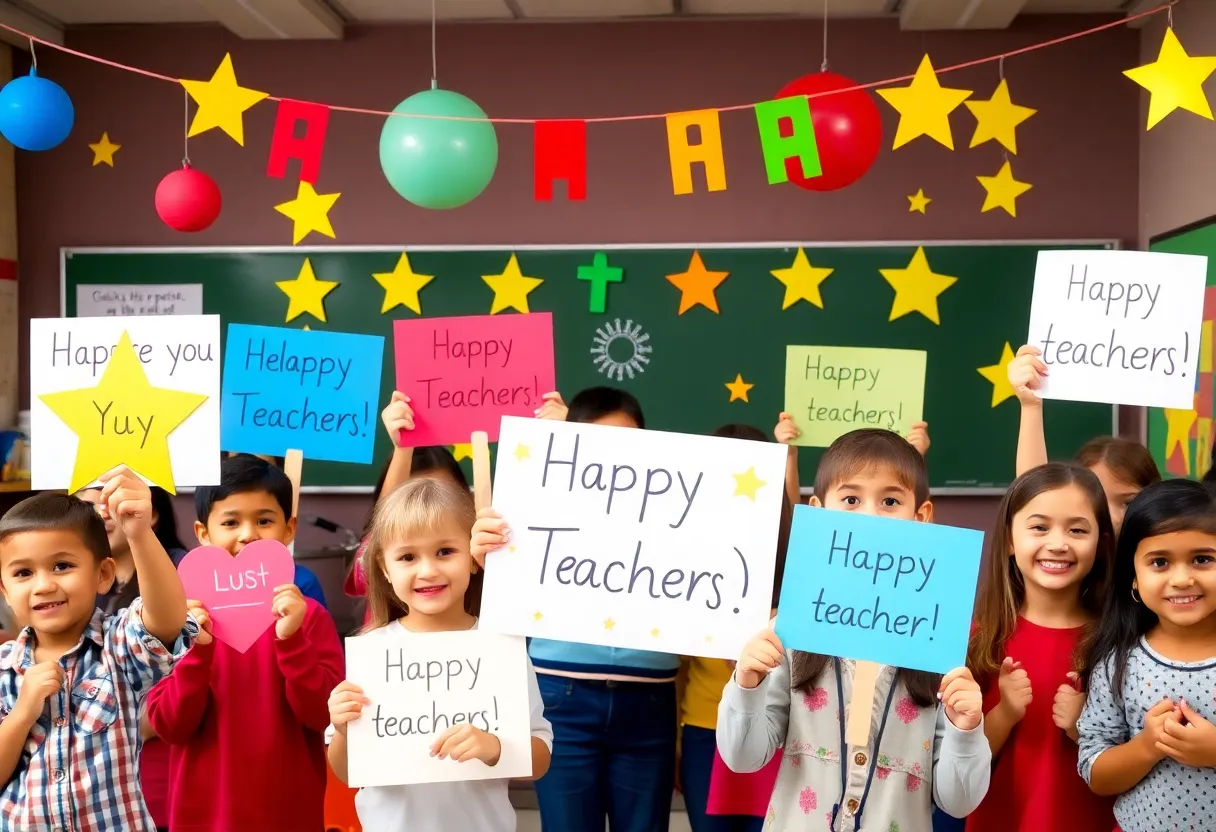 Students and teachers celebrate Teacher Appreciation Week with colorful signs and decorations.