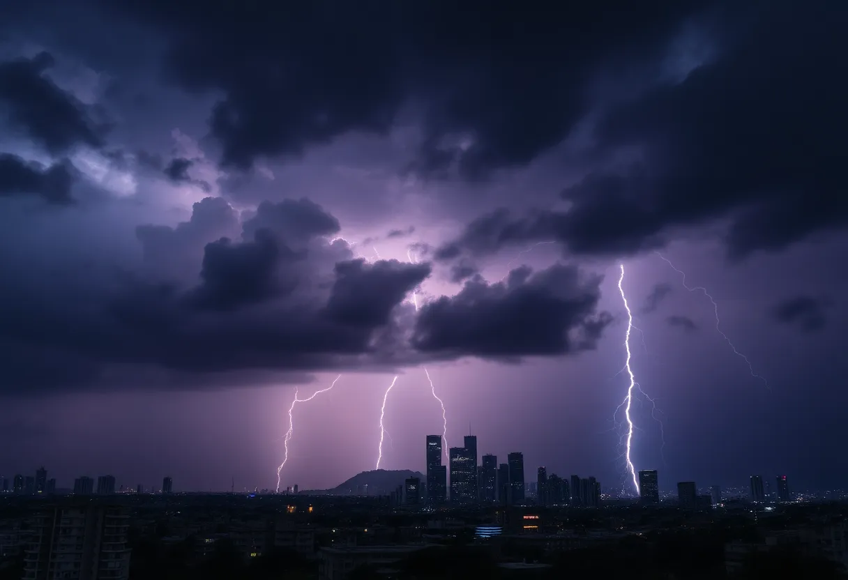 Dramatic thunderstorm clouds over Augusta city skyline