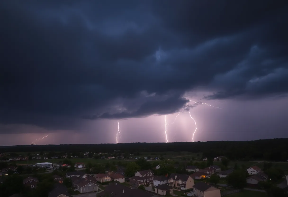 Dramatic sky filled with dark clouds and flashes of lightning over Laurens County.