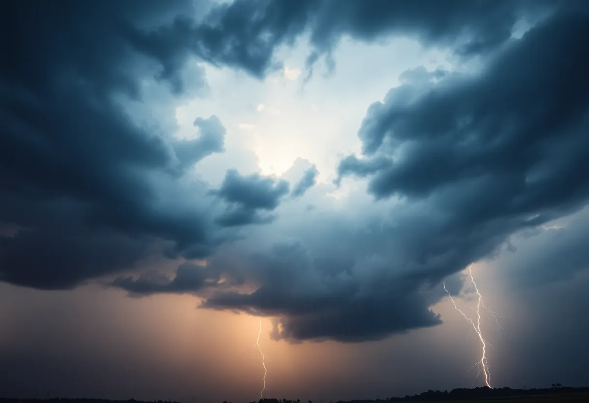 Dark clouds and lightning storm over a landscape