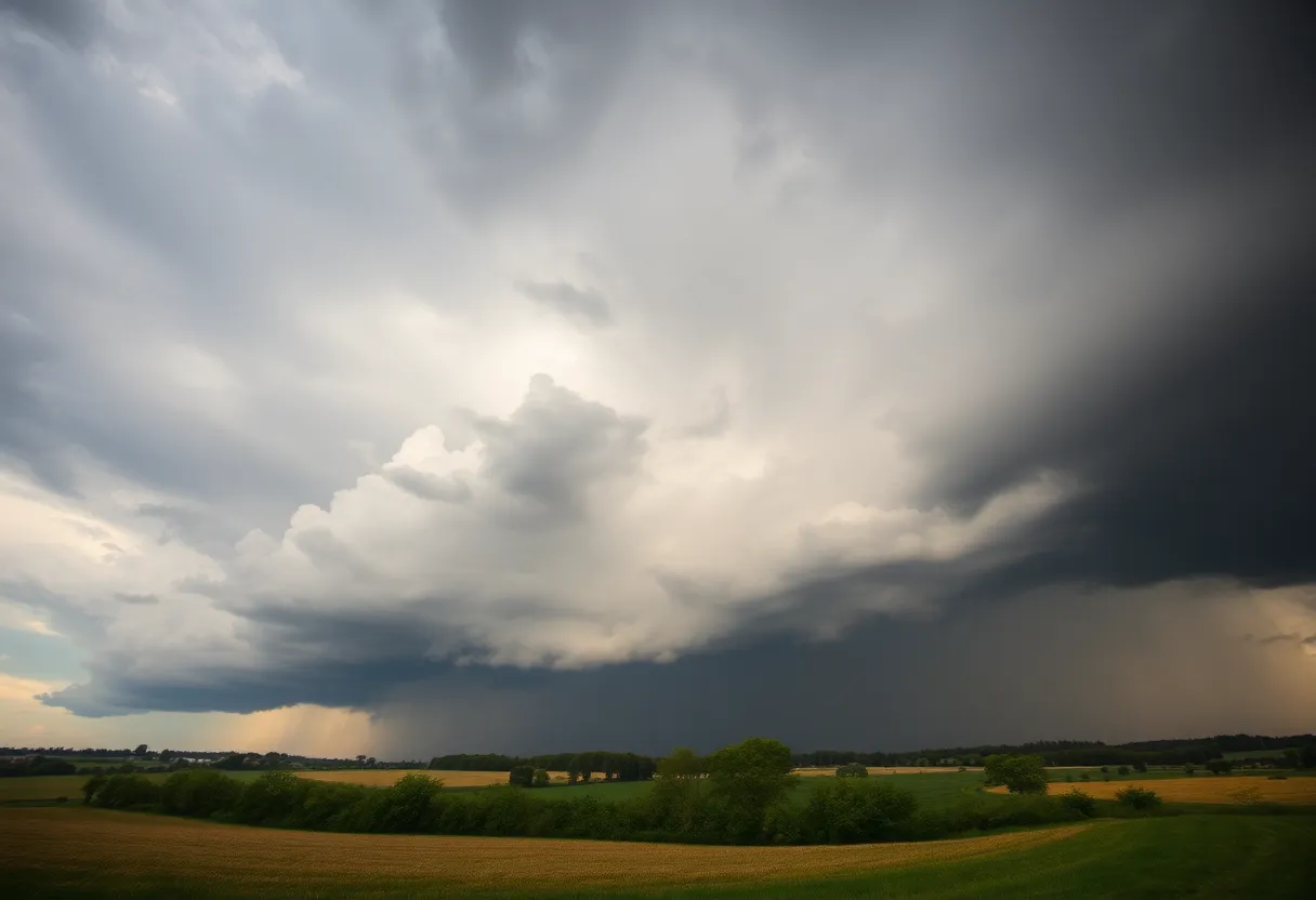 Severe thunderstorm clouds forming over a rural area