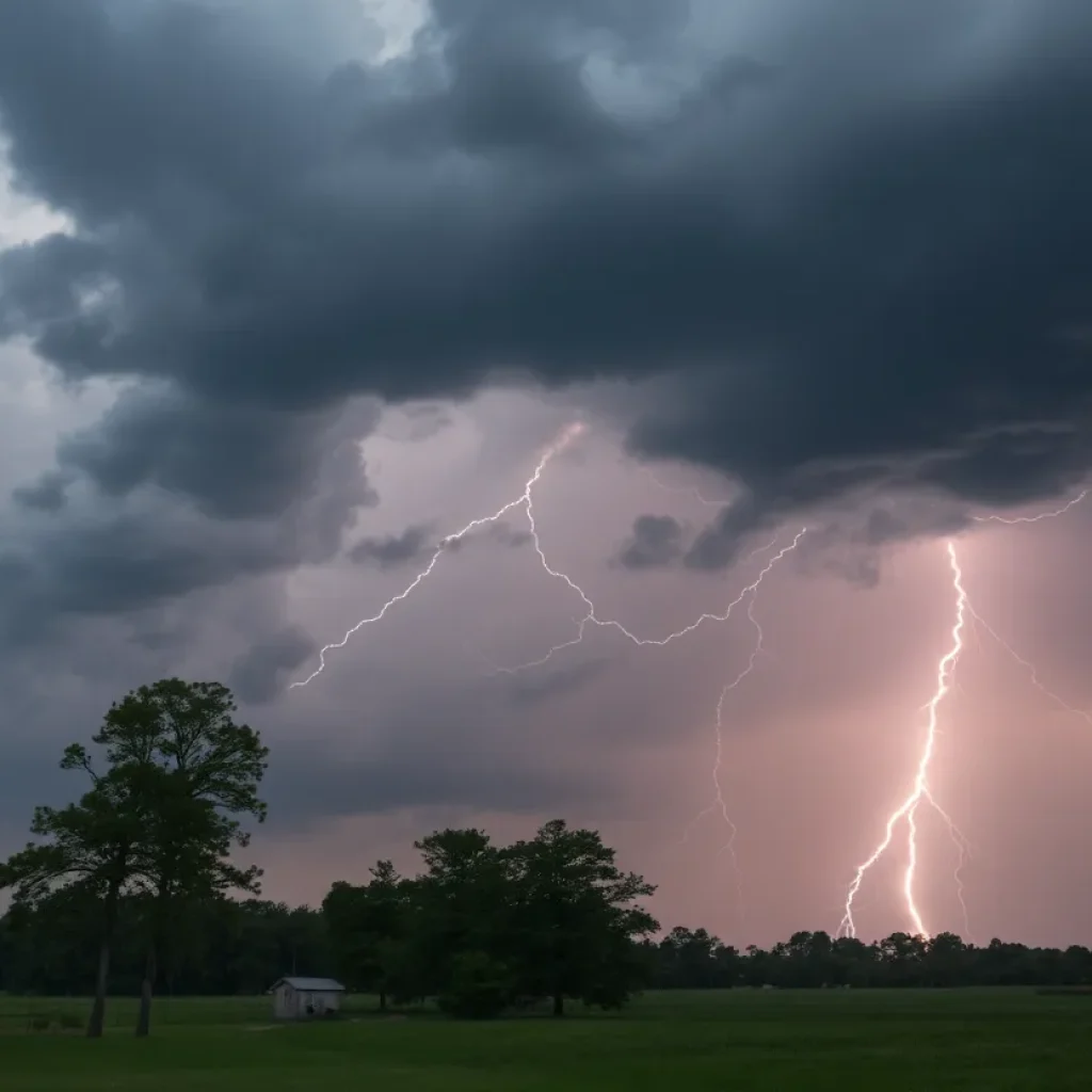 Dark storm clouds gathering over a rural landscape in South Carolina