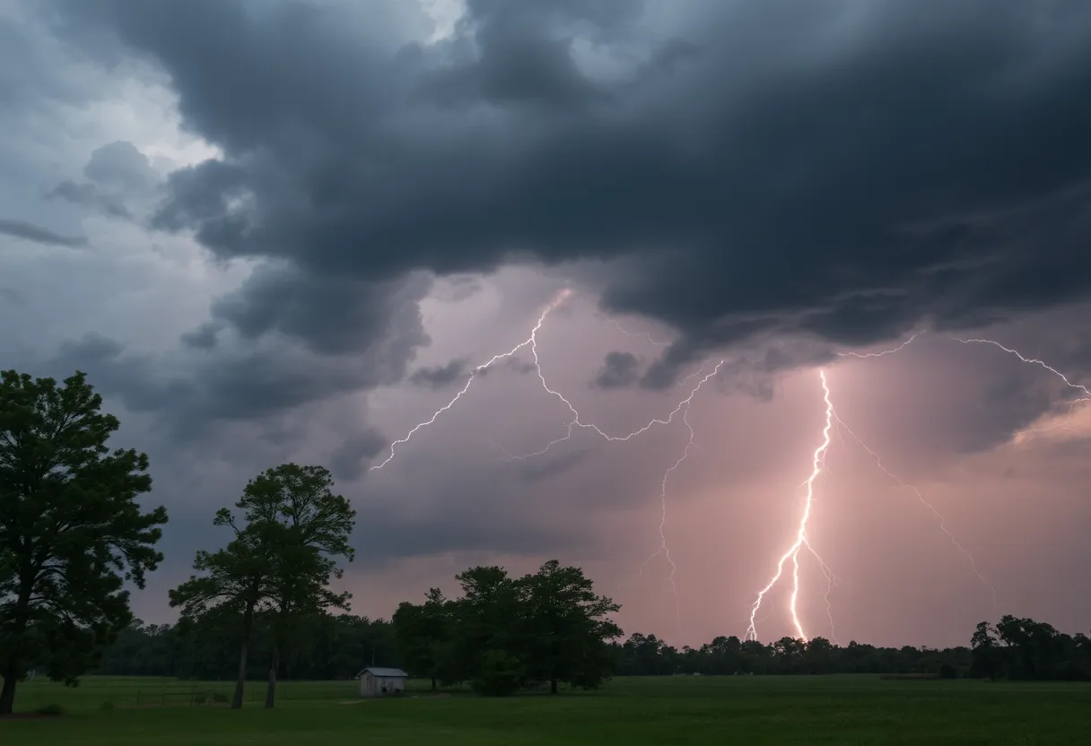Dark storm clouds gathering over a rural landscape in South Carolina