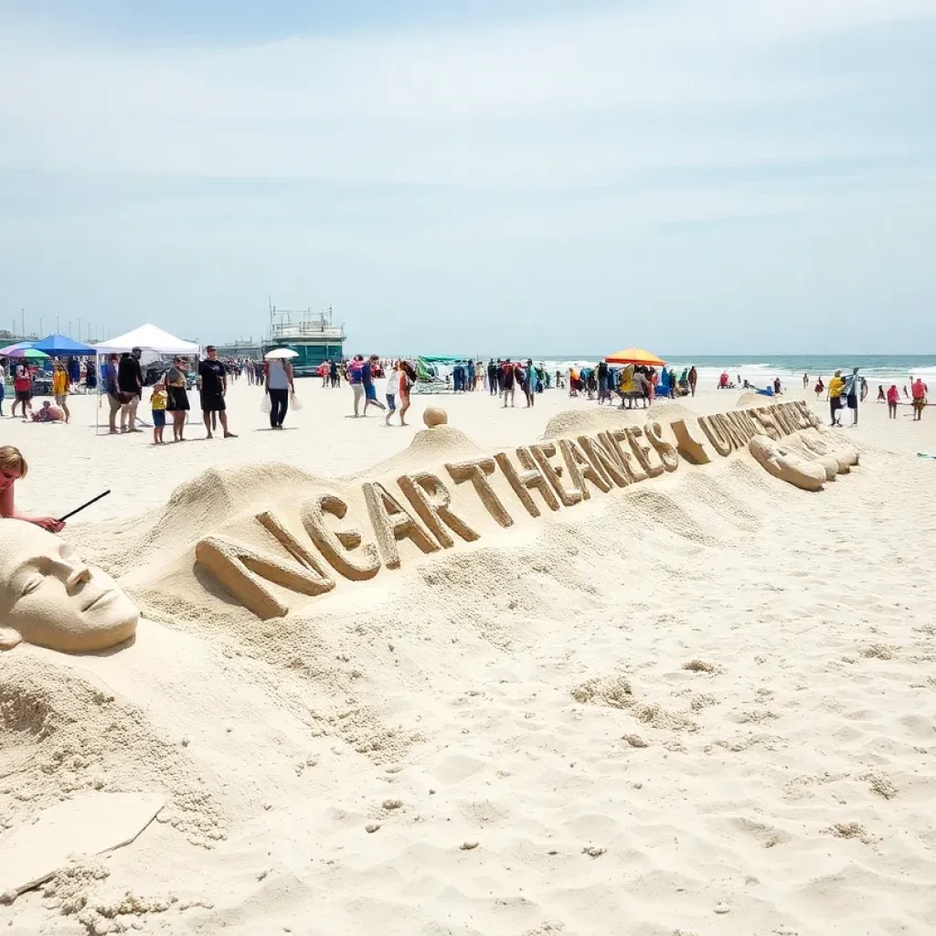 Artists creating sand sculptures at the Tybee Island SCAD Sand Arts Festival.