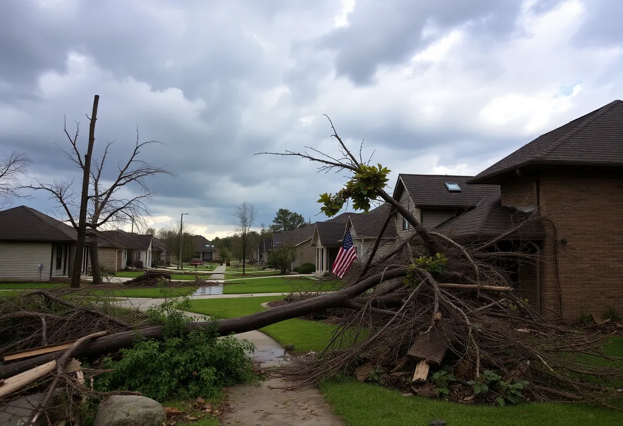 Damage caused by a tornado in Union County, including uprooted trees and damaged buildings.