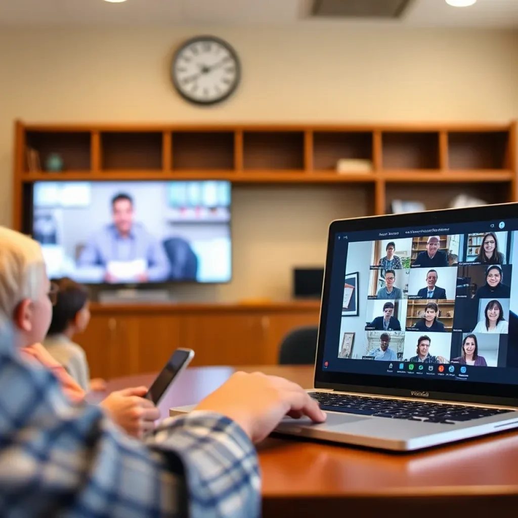 Setup for a school board meeting being livestreamed to the community