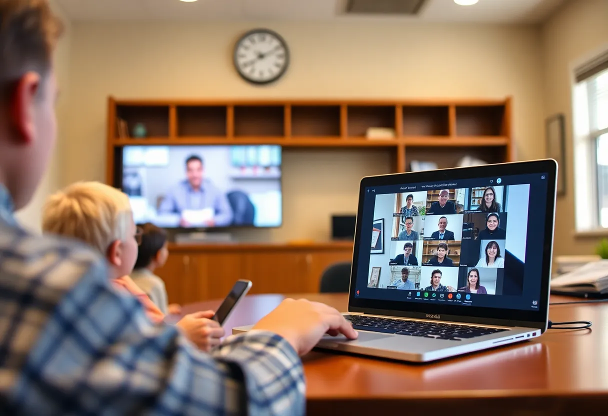 Setup for a school board meeting being livestreamed to the community