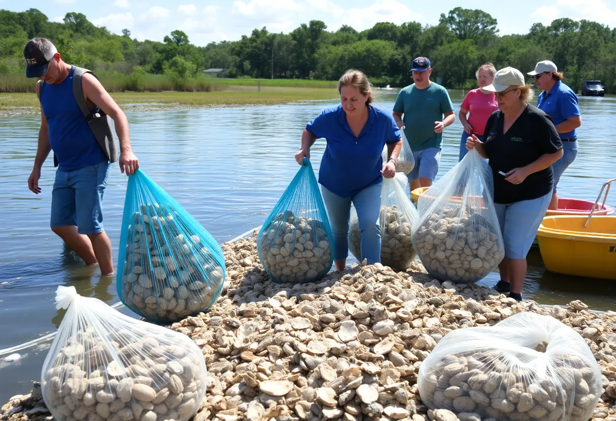 Community volunteers unloading recycled oyster shells into Beaufort River.