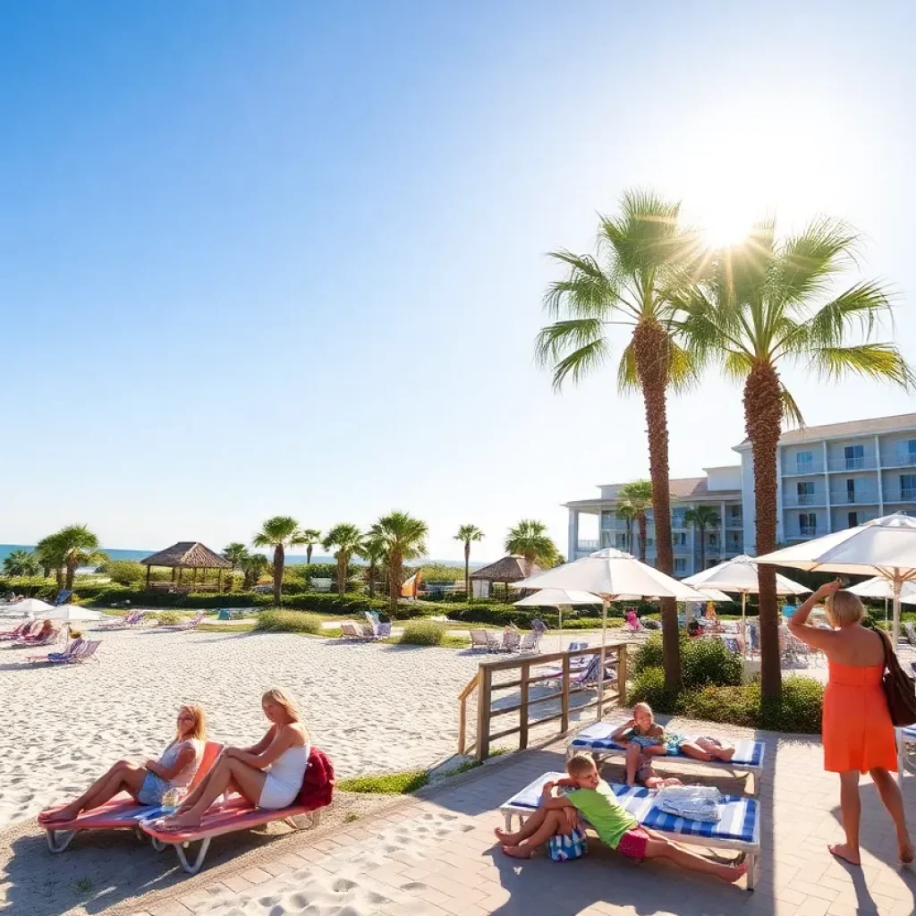 Beachfront hotel in Hilton Head Island with families enjoying summer vacation