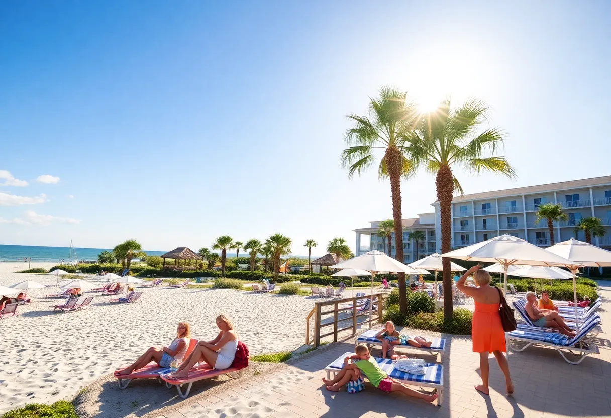 Beachfront hotel in Hilton Head Island with families enjoying summer vacation