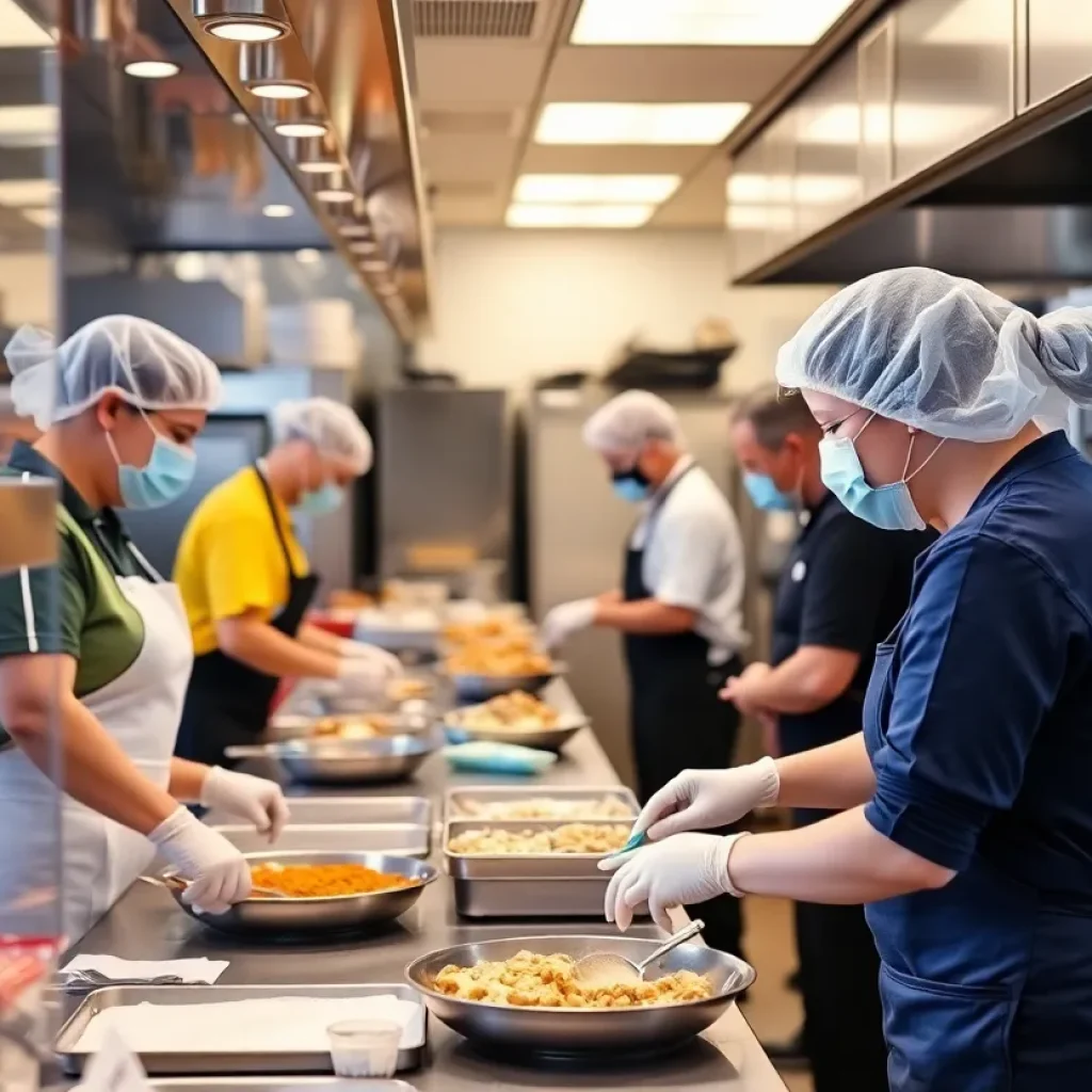 A clean and organized restaurant kitchen with staff following health protocols.