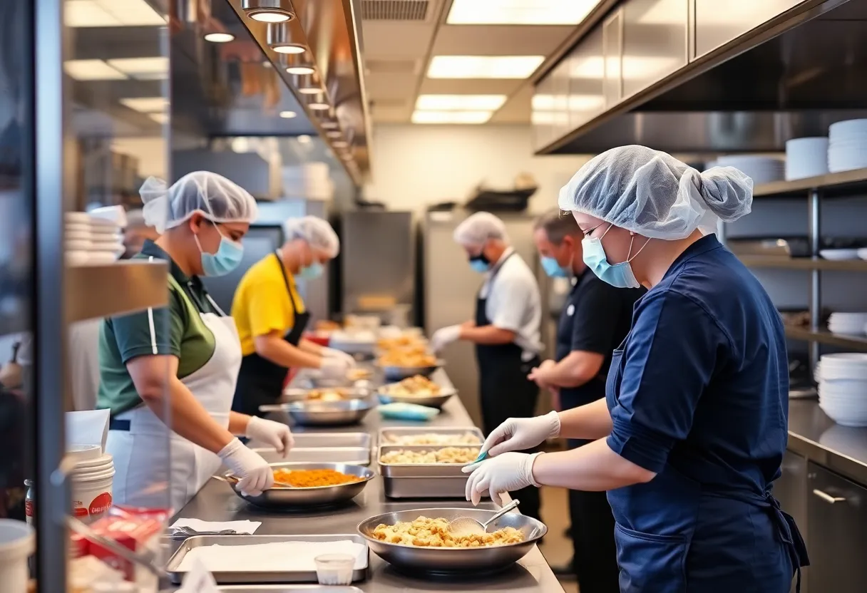 A clean and organized restaurant kitchen with staff following health protocols.