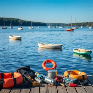 Boats on a calm lake with life jackets and safety equipment nearby.