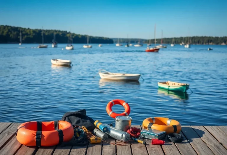 Boats on a calm lake with life jackets and safety equipment nearby.