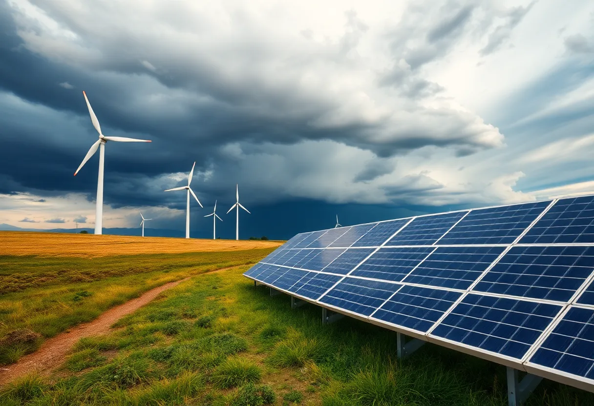 Wind turbines and solar panels under a dark stormy sky