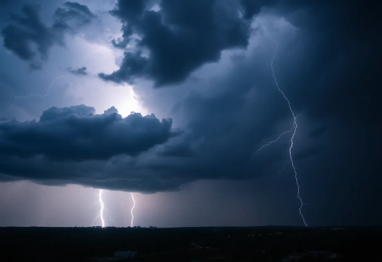 A severe thunderstorm looming over Charleston with dark skies and lightning.