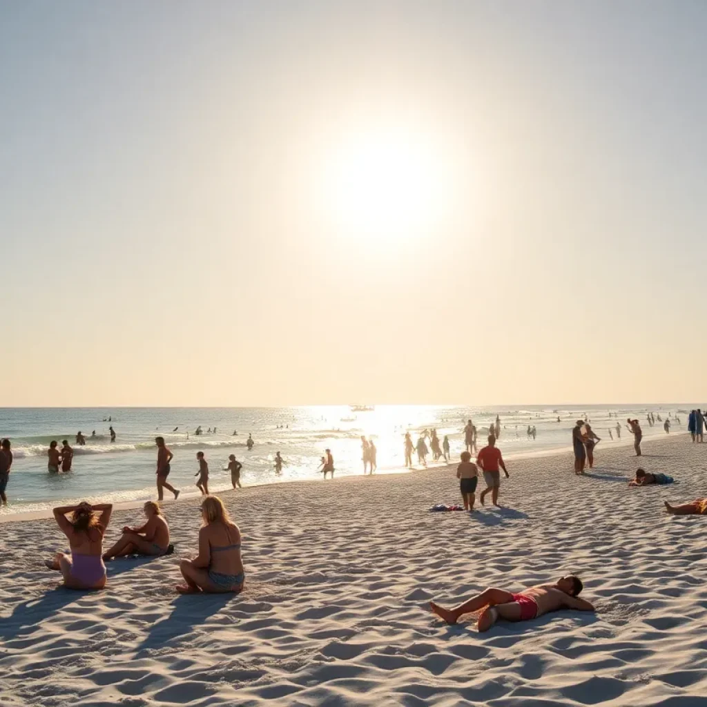 A vibrant beach scene in Coastal Georgia with families enjoying the sun and nature.