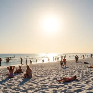 A vibrant beach scene in Coastal Georgia with families enjoying the sun and nature.
