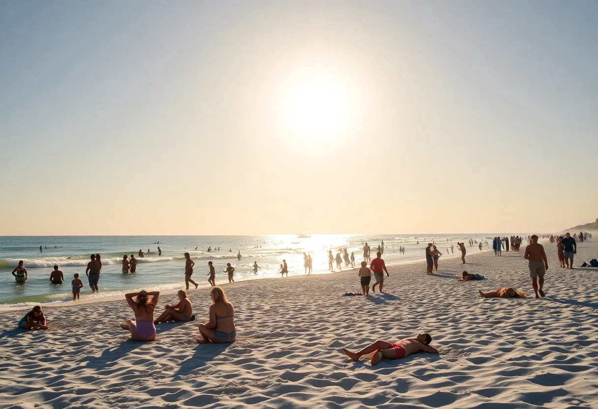 A vibrant beach scene in Coastal Georgia with families enjoying the sun and nature.