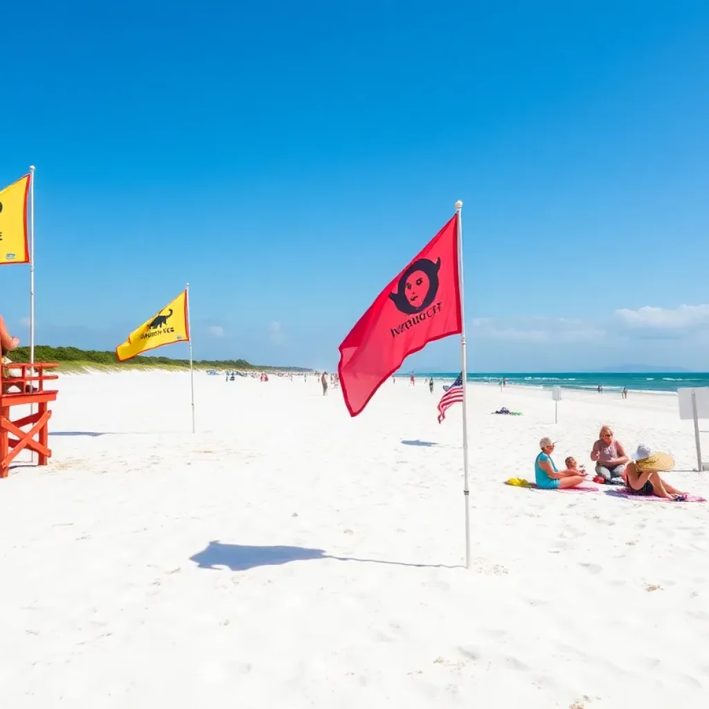 Beachgoers on Coligny Beach with lifeguards and warning flags
