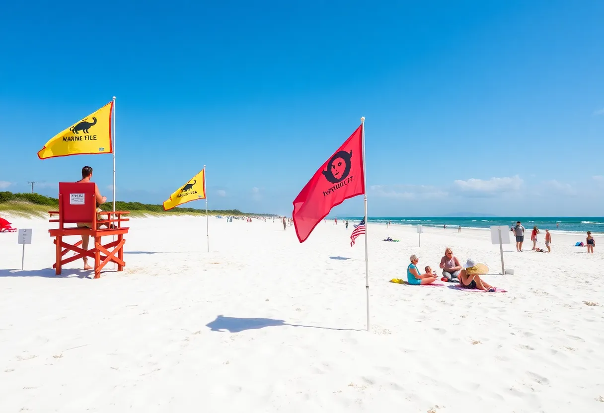 Beachgoers on Coligny Beach with lifeguards and warning flags