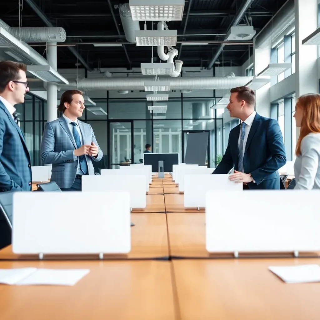 Managers discussing in an empty corporate office, illustrating layoffs.