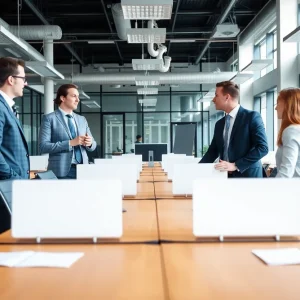 Managers discussing in an empty corporate office, illustrating layoffs.