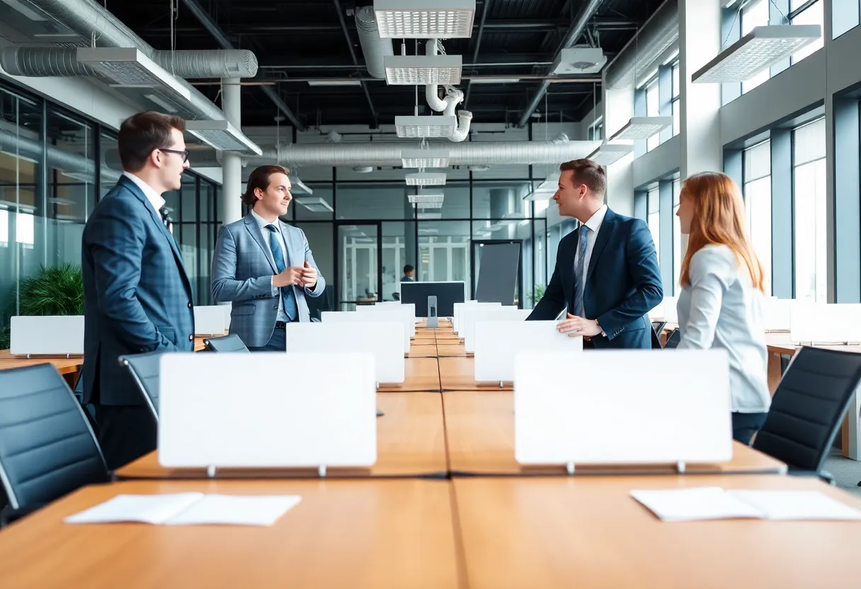 Managers discussing in an empty corporate office, illustrating layoffs.