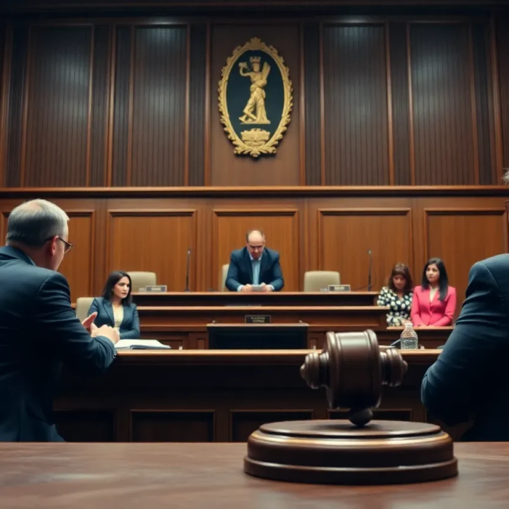 A courtroom setting during a verdict announcement for a defamation case.