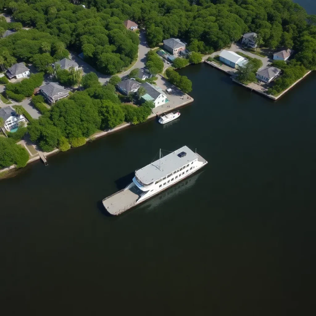 Aerial view of Daufuskie Island with UPS delivery vehicles and lush surroundings.