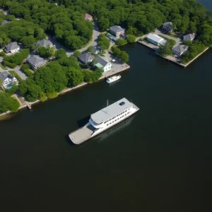 Aerial view of Daufuskie Island with UPS delivery vehicles and lush surroundings.