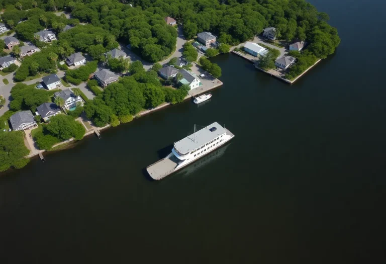 Aerial view of Daufuskie Island with UPS delivery vehicles and lush surroundings.