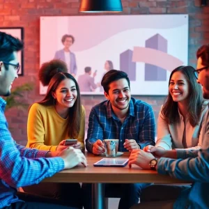 Marketing team discussing emotional marketing strategies in a modern office.